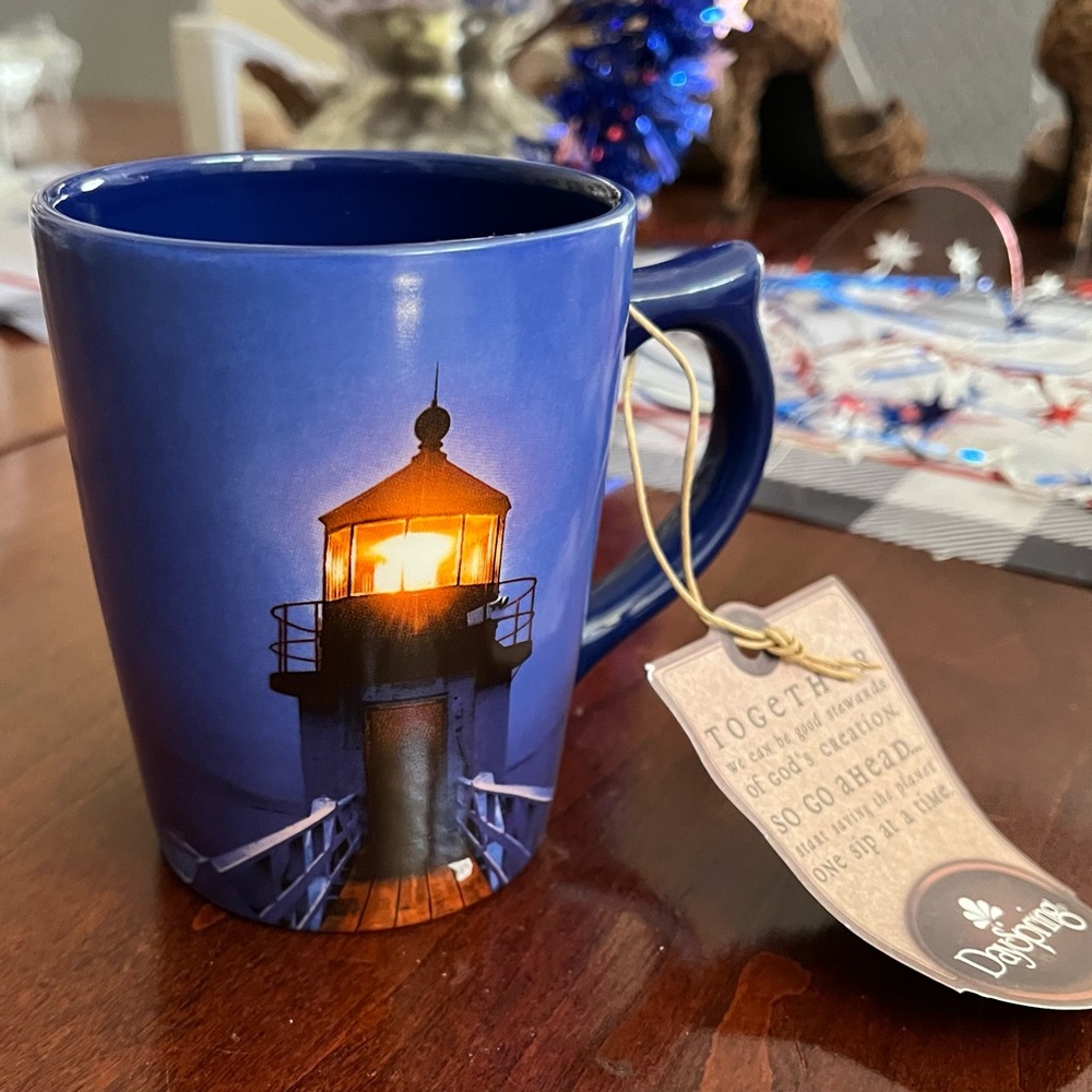Dayspring new Mug living Scripture cobalt blue lighthouse-cross Psalms 43:3